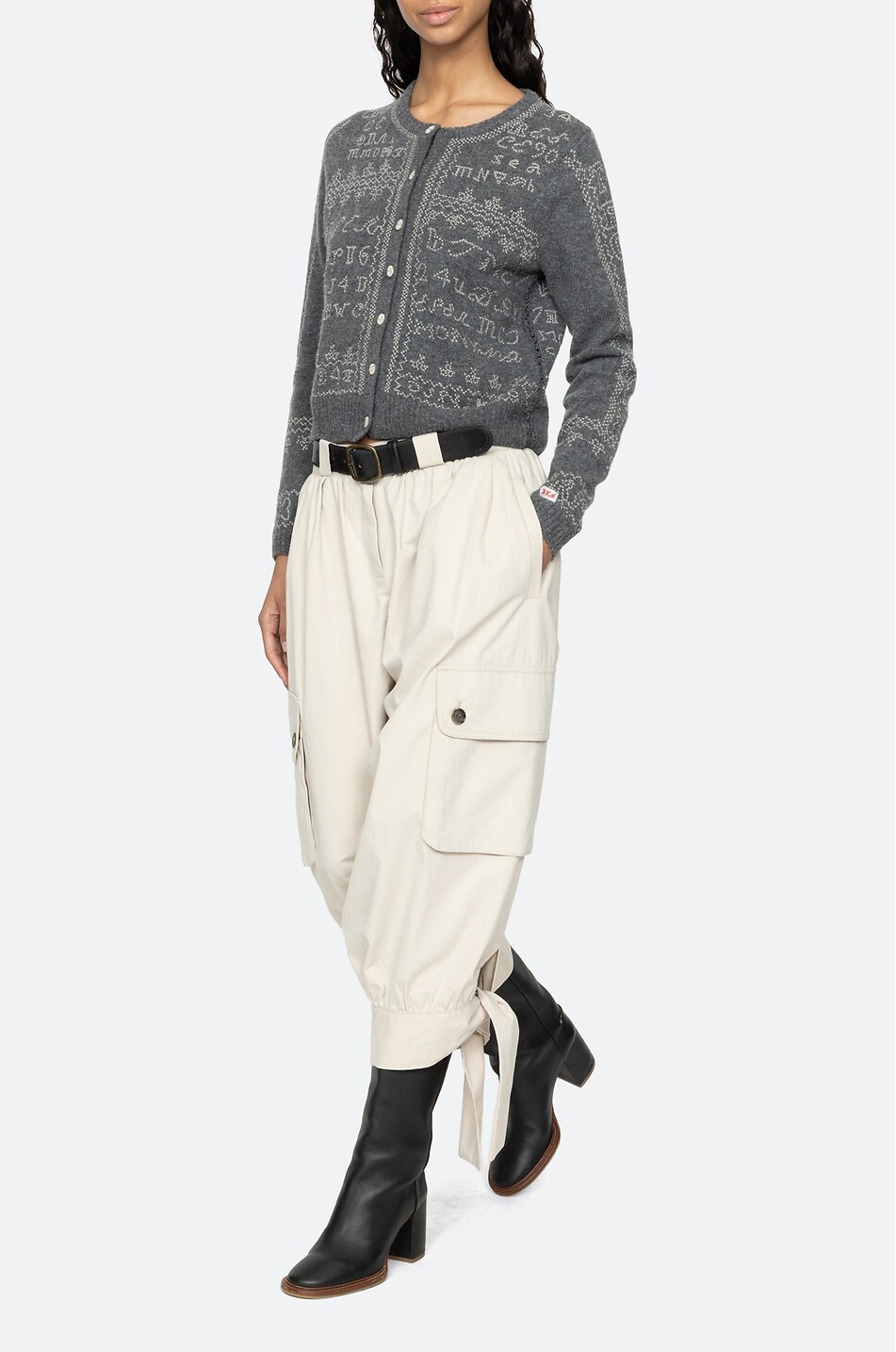 SEA Cardigan brodé à col rond en laine Kit Femme GRIS 9