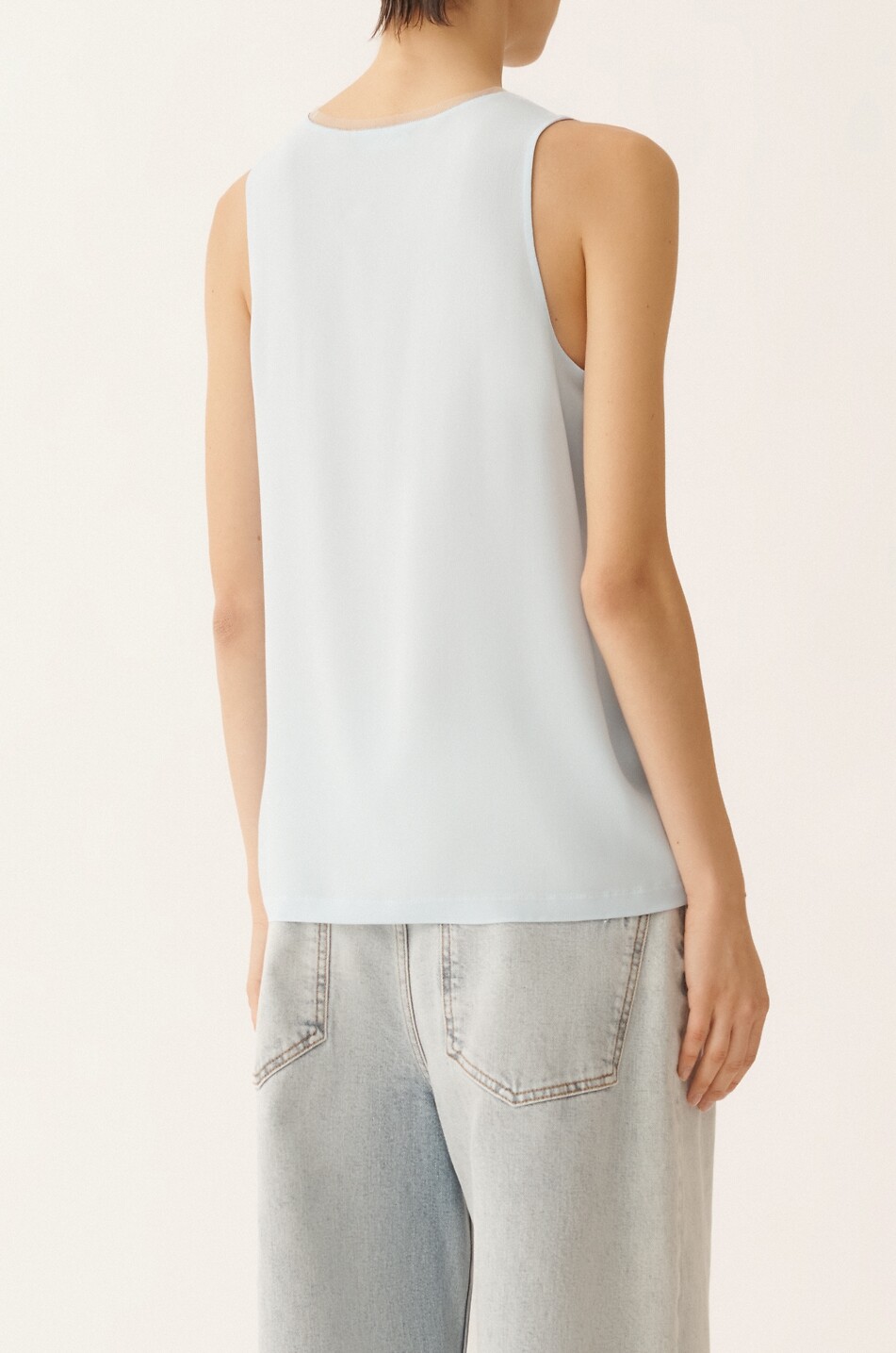 FABIANA FILIPPI Top à col V sans manches en soie mélangée brodé perles Femme BLEU CLAIR 4