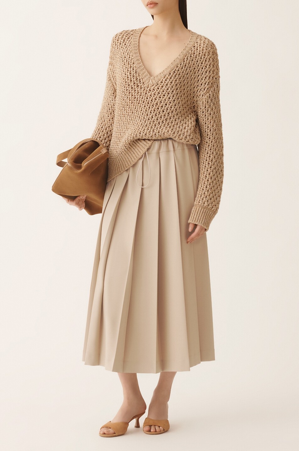 FABIANA FILIPPI Pull ajouré boxy en coton mélangé à col V Femme CAMEL 3