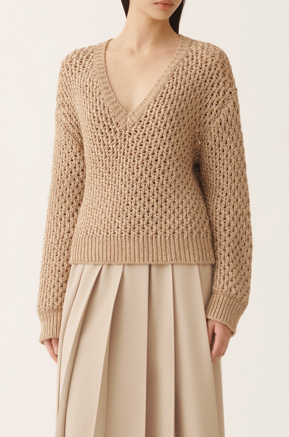 FABIANA FILIPPI Pull ajouré boxy en coton mélangé à col V Femme CAMEL 4