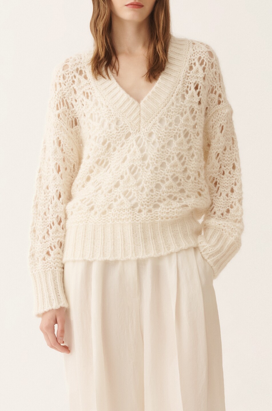 FABIANA FILIPPI Pull ajouré ample à col V en fil Platinum et mohair Femme BLANC CASSE 5