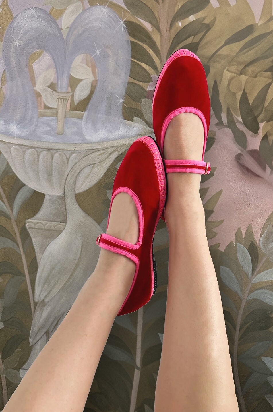 FLABELUS Aurélie round-toe cotton velvet Mary Jane ballet flats Women RED 3