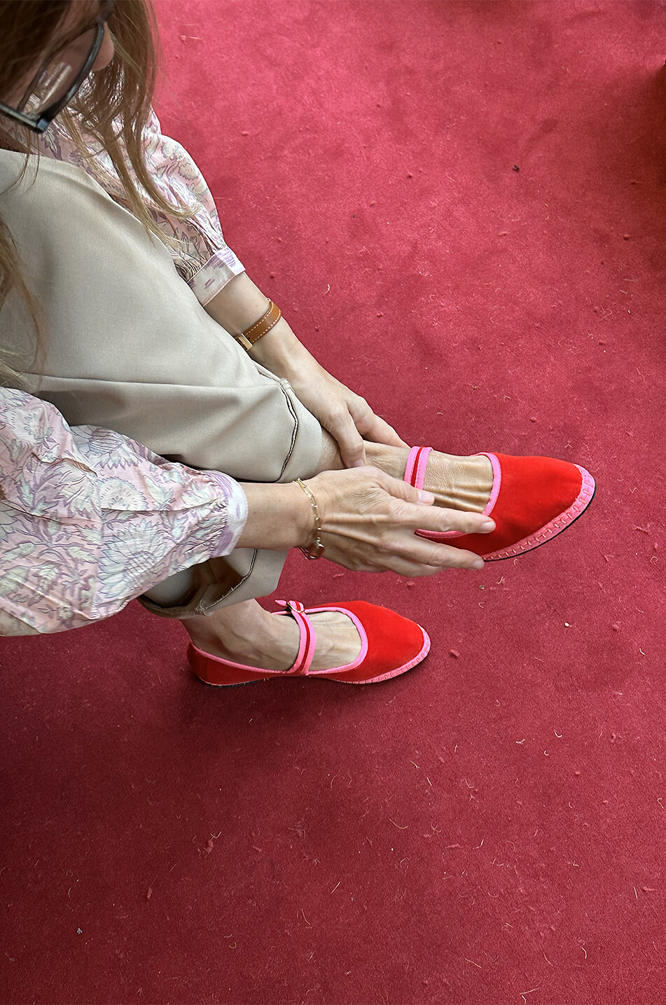 FLABELUS Aurélie round-toe cotton velvet Mary Jane ballet flats Women RED 5