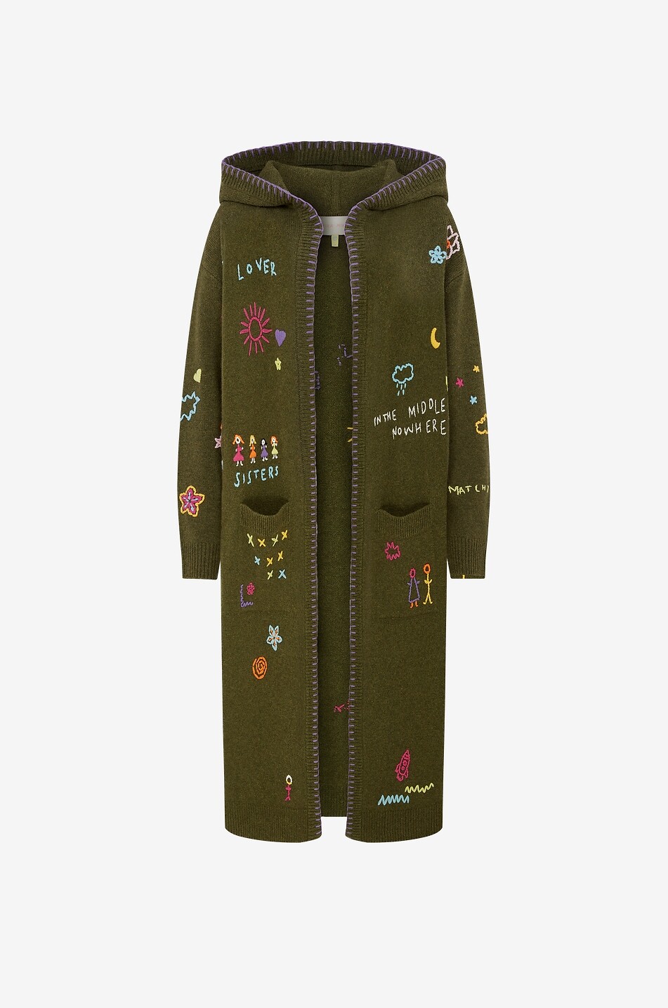 MIRA MIKATI Cardigan long brodé à capuche en laine mélangée Doodle Words Femme KAKI 1