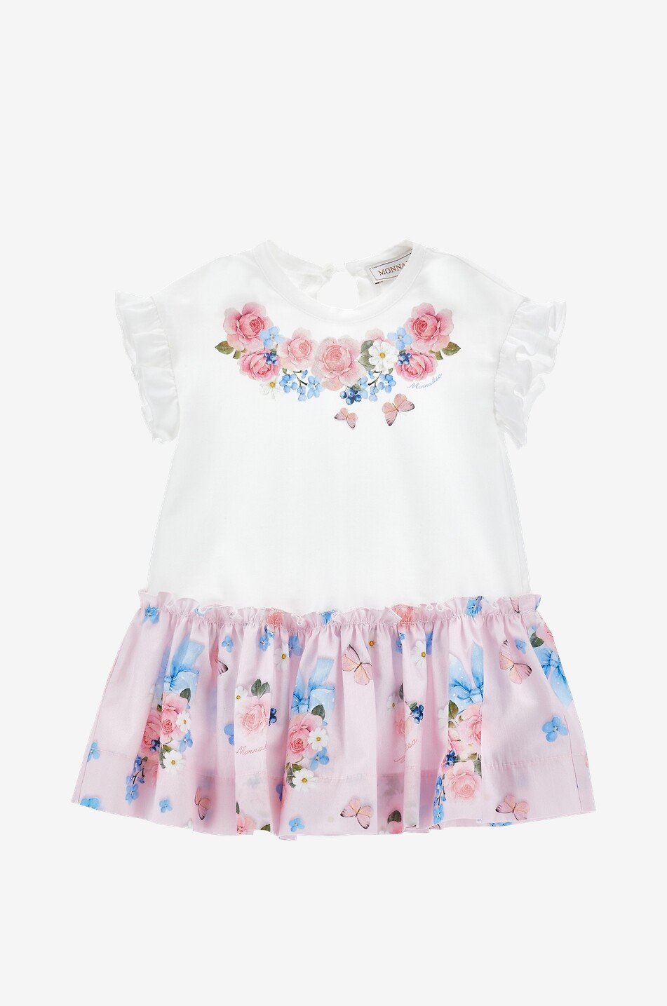 Flower-printed ruffled baby bi-material dress