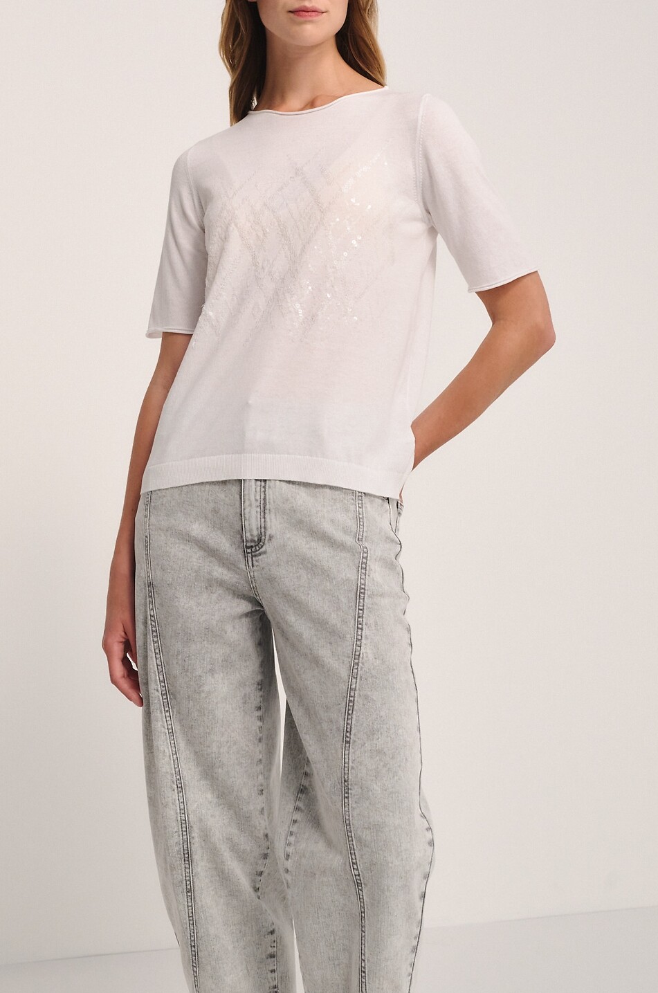 PANICALE Pullover mit U-Boot-Ausschnitt aus Baumwolle mit Pailletten Damen WEISS 3