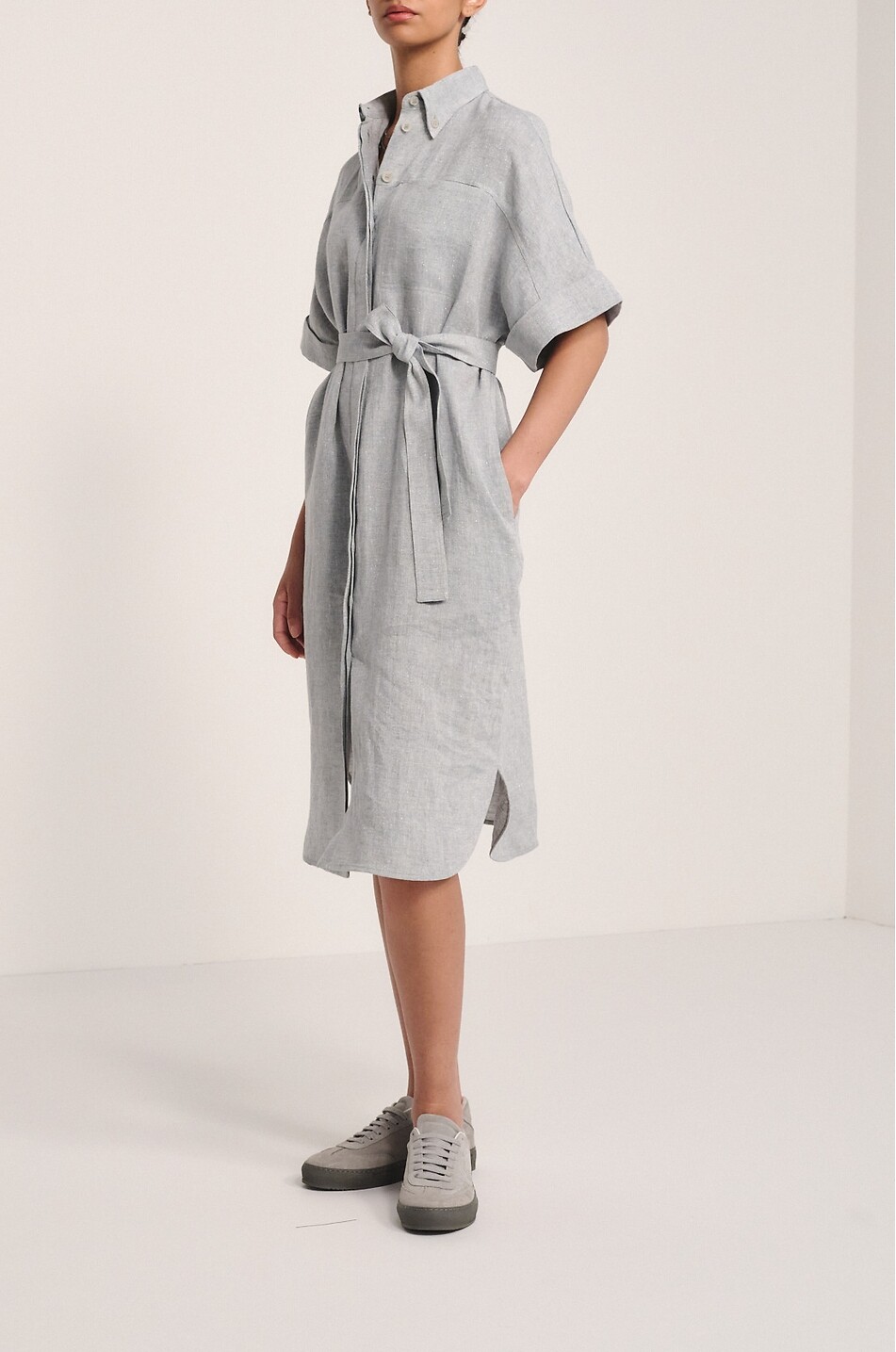 PANICALE Robe chemise midi à manches courtes en lin Femme BLEU CLAIR 3