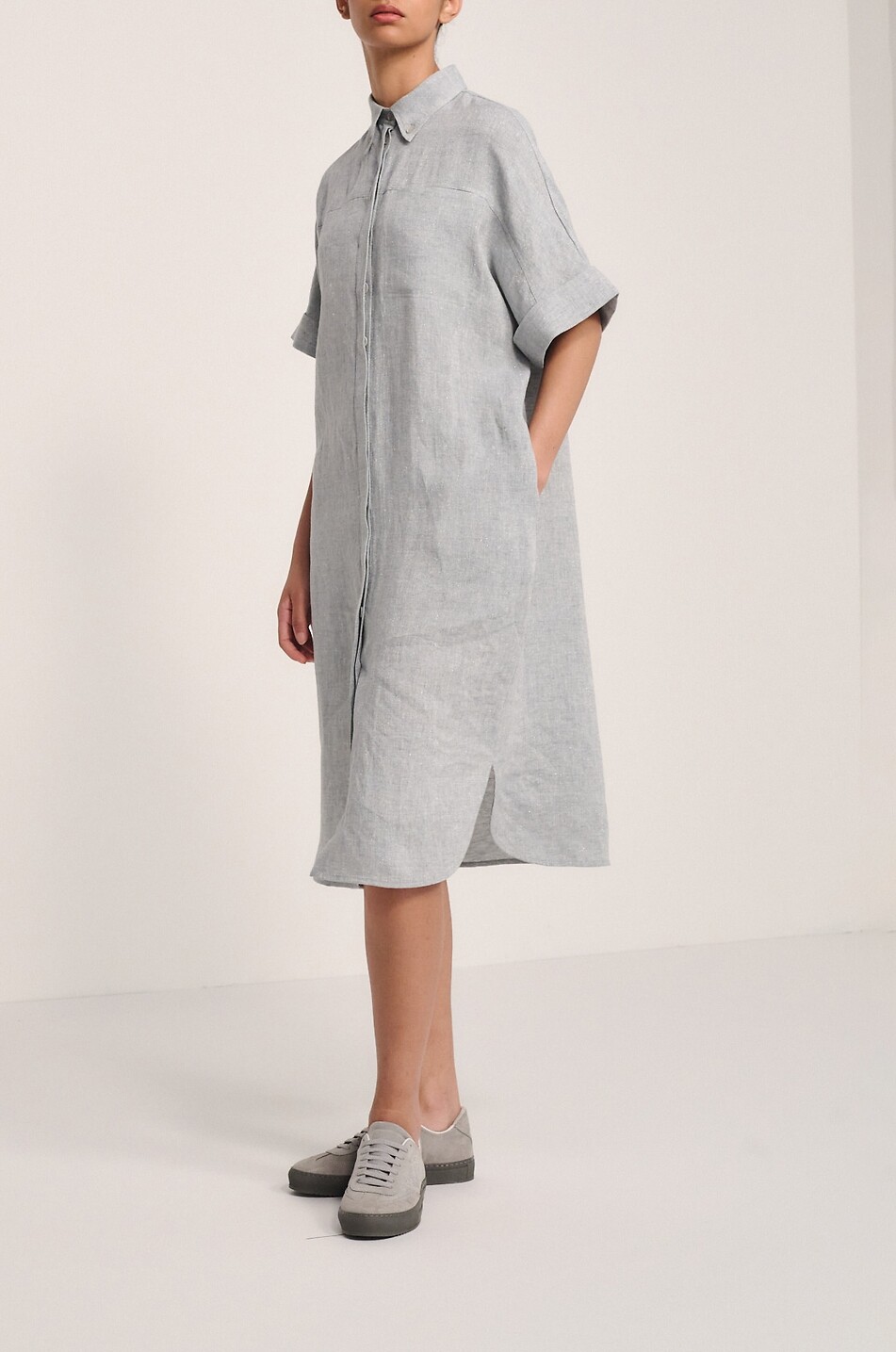 PANICALE Robe chemise midi à manches courtes en lin Femme BLEU CLAIR 5