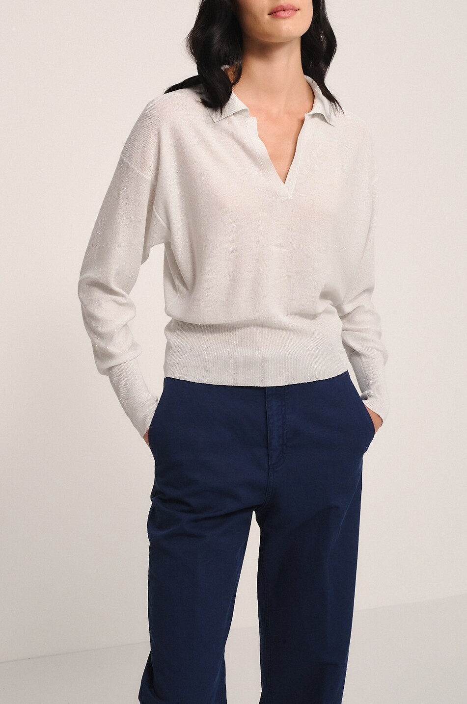 PANICALE Tailliertes Polohemd aus Strick mit Pailletten Damen CREMEFARBEN 3