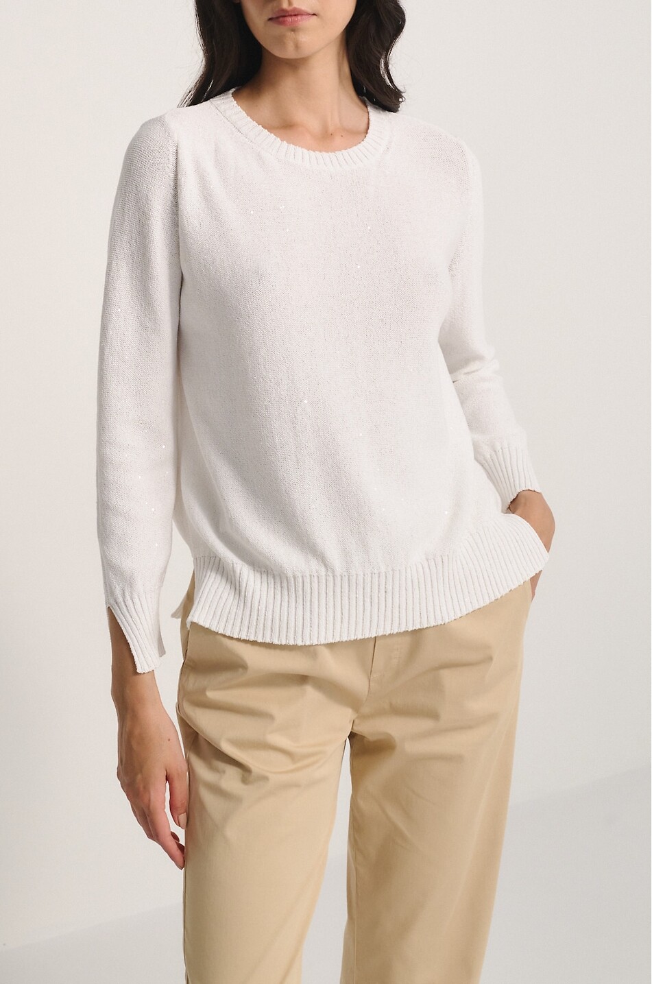 PANICALE Lässiger Moosstrick-Pullover aus Baumwolle mit Pailletten Damen WEISS 4