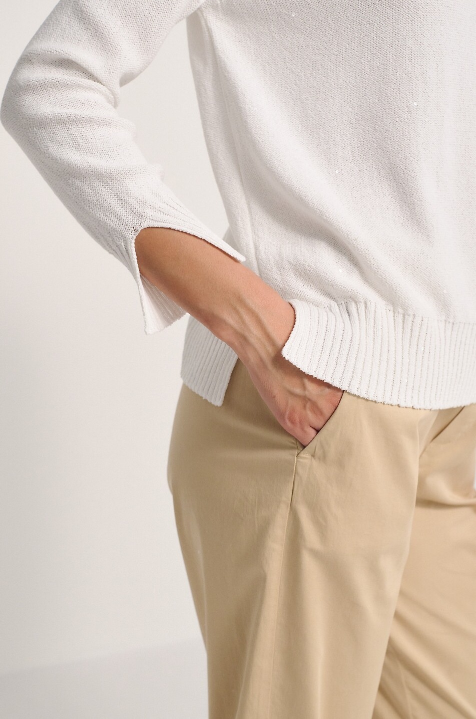 PANICALE Lässiger Moosstrick-Pullover aus Baumwolle mit Pailletten Damen WEISS 3