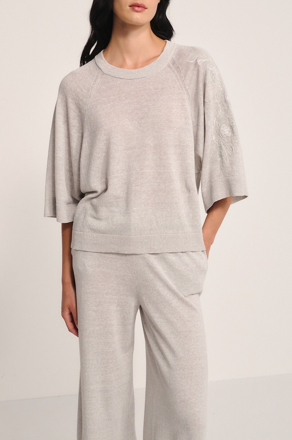 PANICALE Embroidered linen and cotton crewneck jumper Women GREY 3