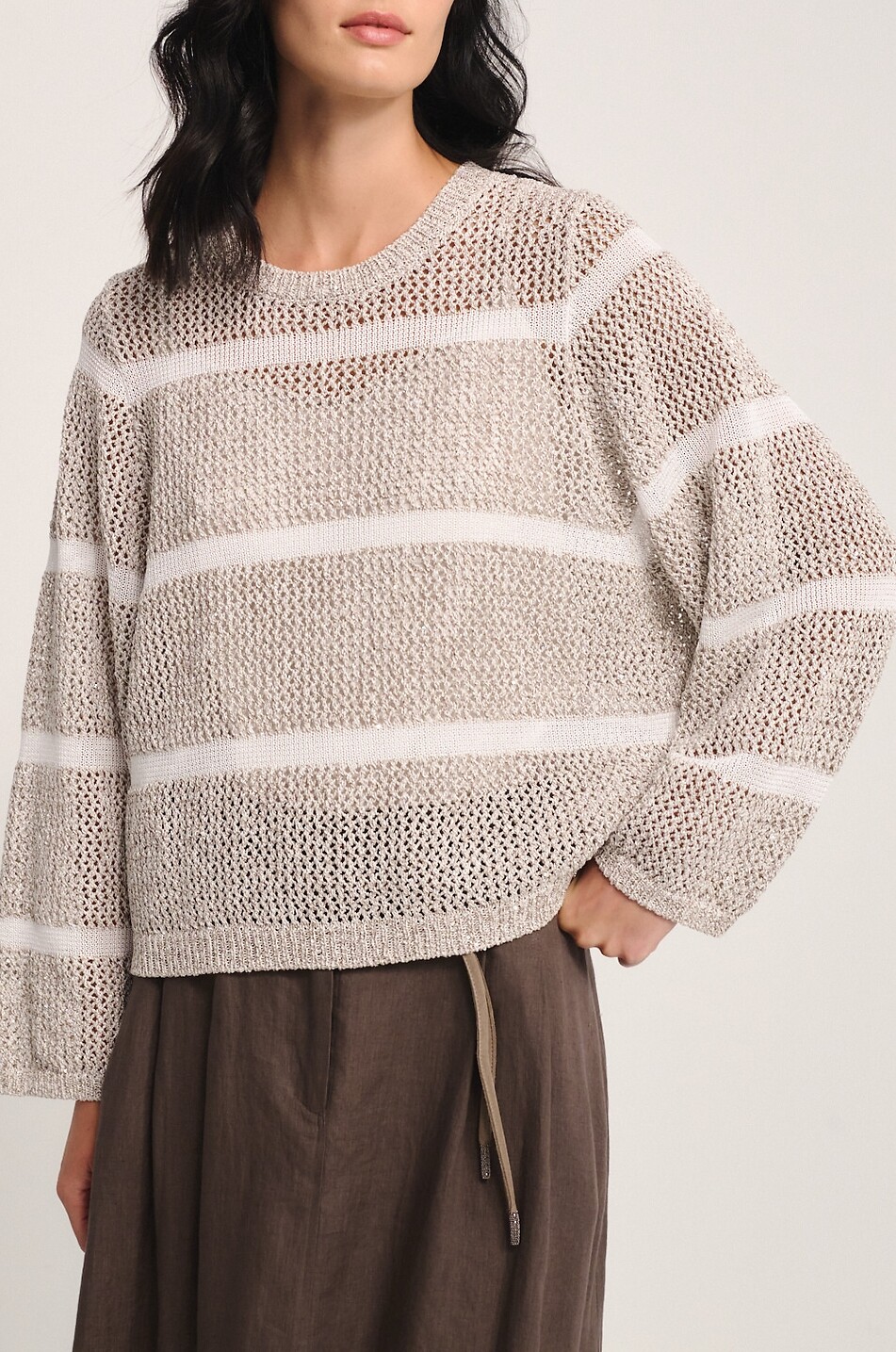 PANICALE Lässiger gestreifter Lochstrickpullover aus Baumwolle mit Pailletten Damen BRAUN 3