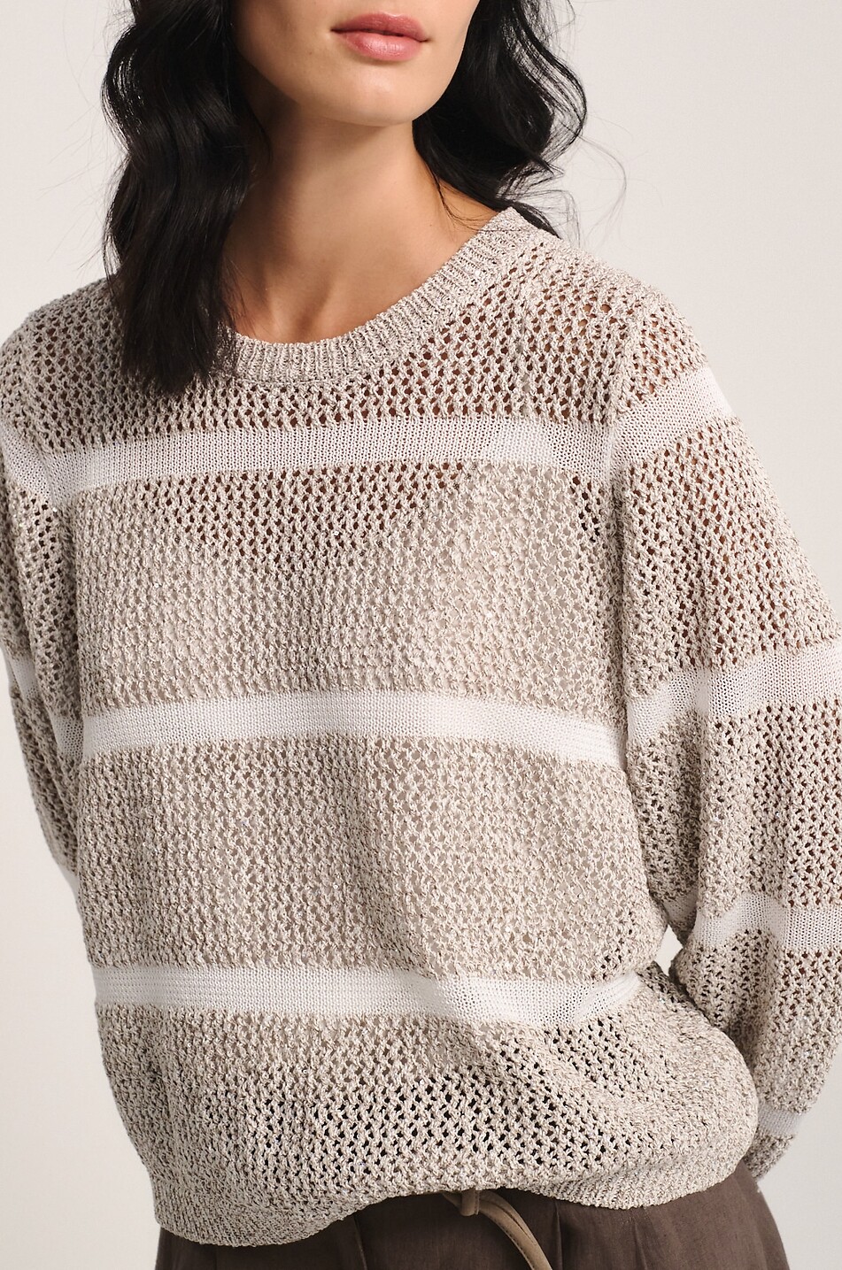 PANICALE Lässiger gestreifter Lochstrickpullover aus Baumwolle mit Pailletten Damen BRAUN 4