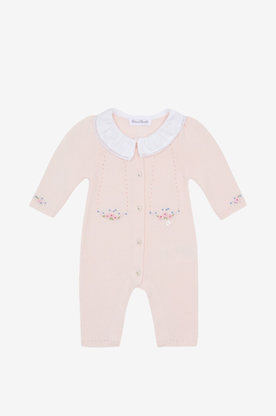 TARTINE ET CHOCOLAT Combinaison en maille de coton bébé brodée fleurs Bébé ROSE CLAIR 1