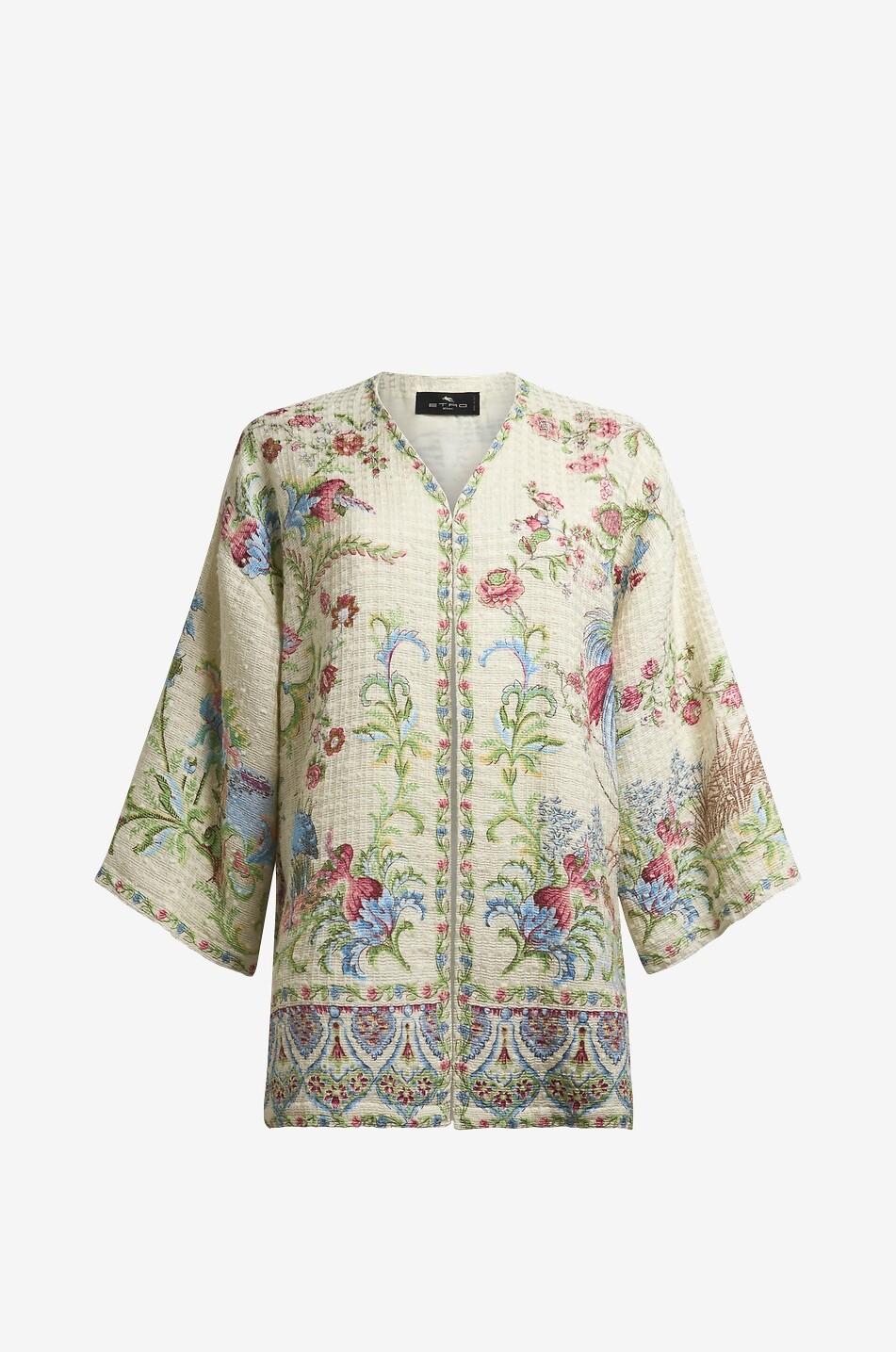 Bird and flower printed textured short V-neck kimono jacket