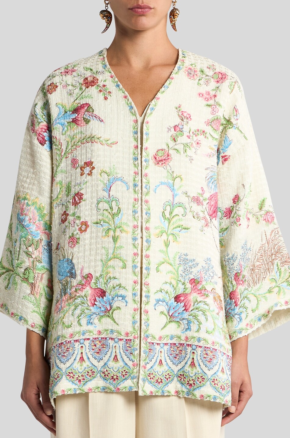 ETRO Bird and flower printed textured short V-neck kimono jacket Women MULTI COLOURED 3