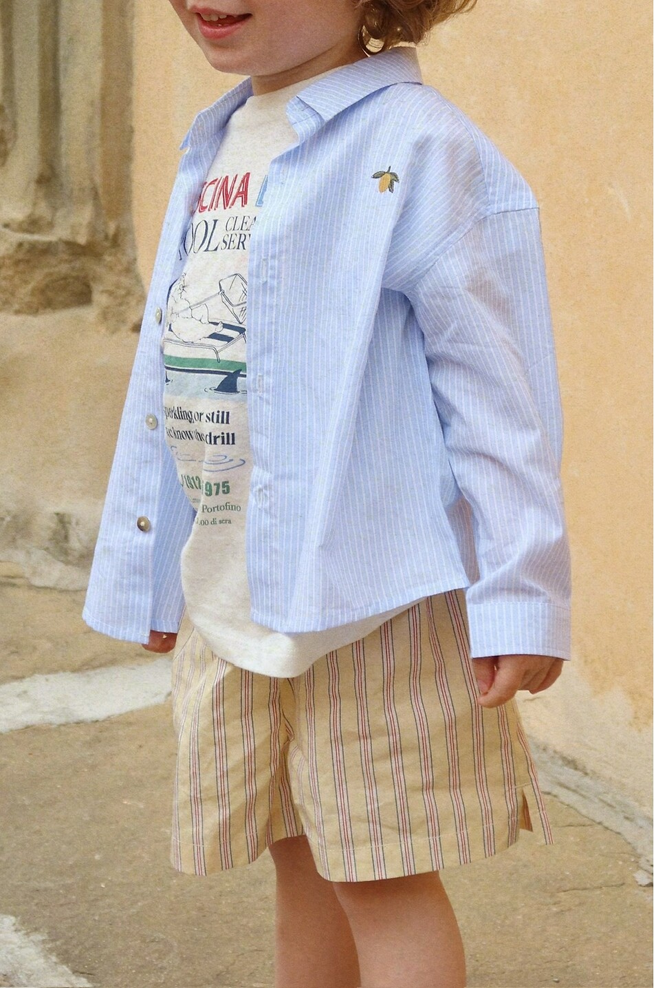 KONGES SLØJD Gestreiftes Jungen-Hemd mit Stickerei aus Bio-Baumwolle Wes Junge HELLBLAU 5