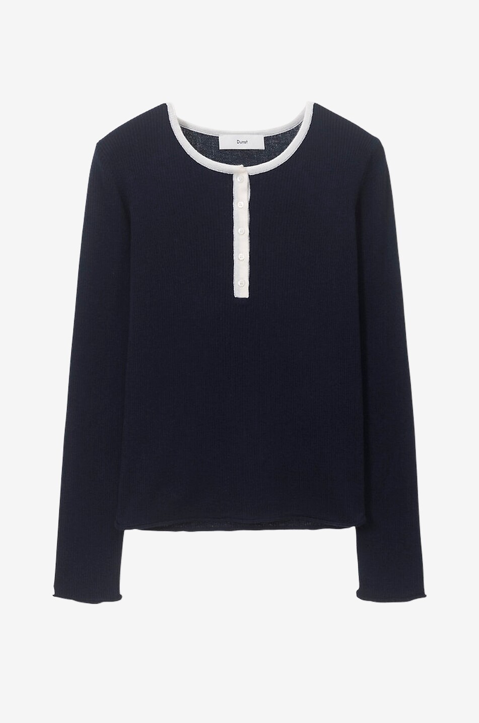 DUNST Top côtelé à manches longues et col rond boutonné contrasté Femme BLEU FONCE 1