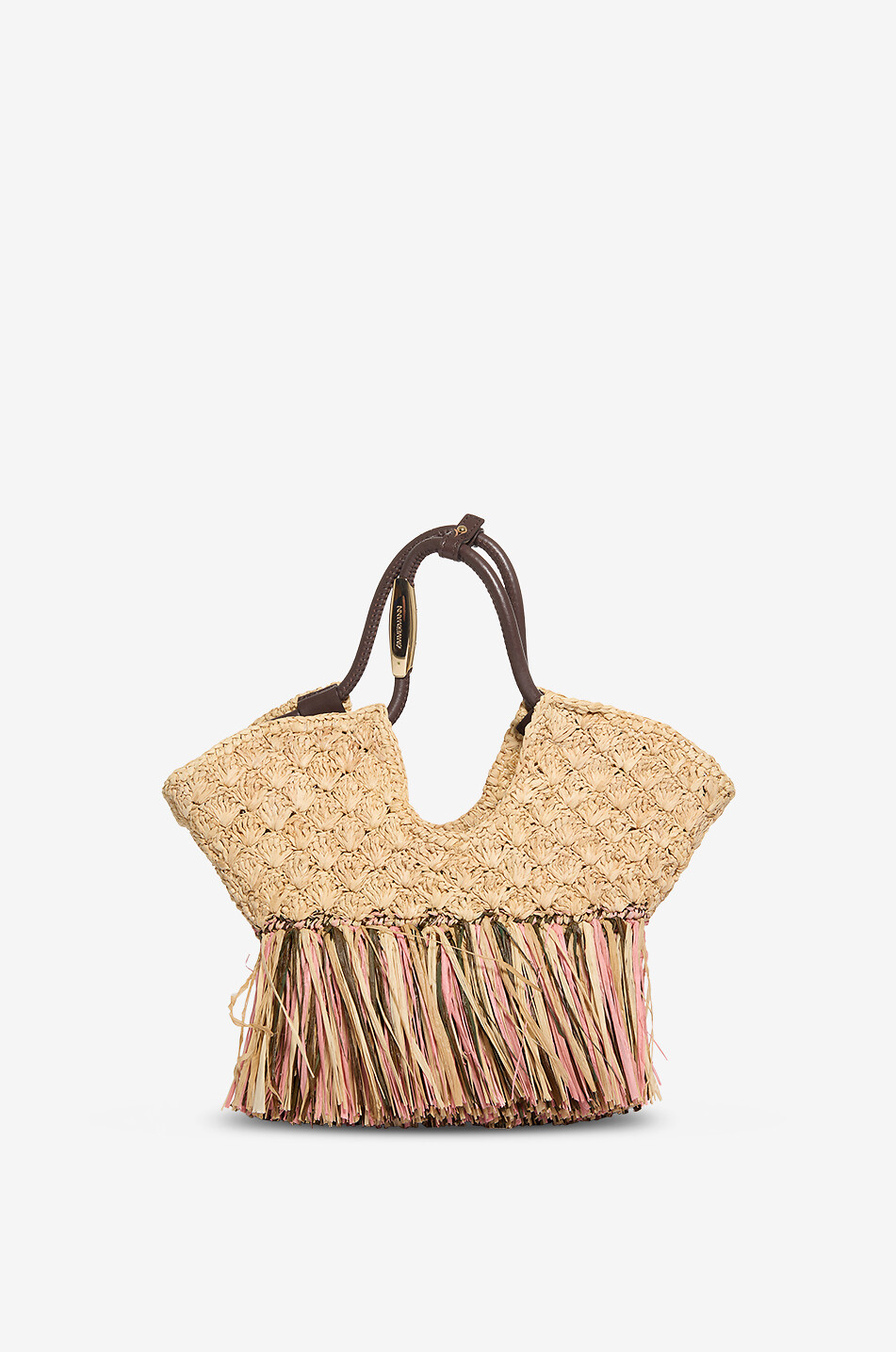 Goldentime fringed raffia and leather tote bag