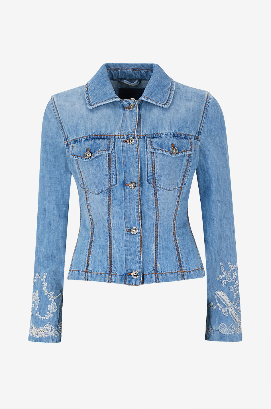 Taillierte ausgewaschene Jeansjacke mit Spitzenstickereien