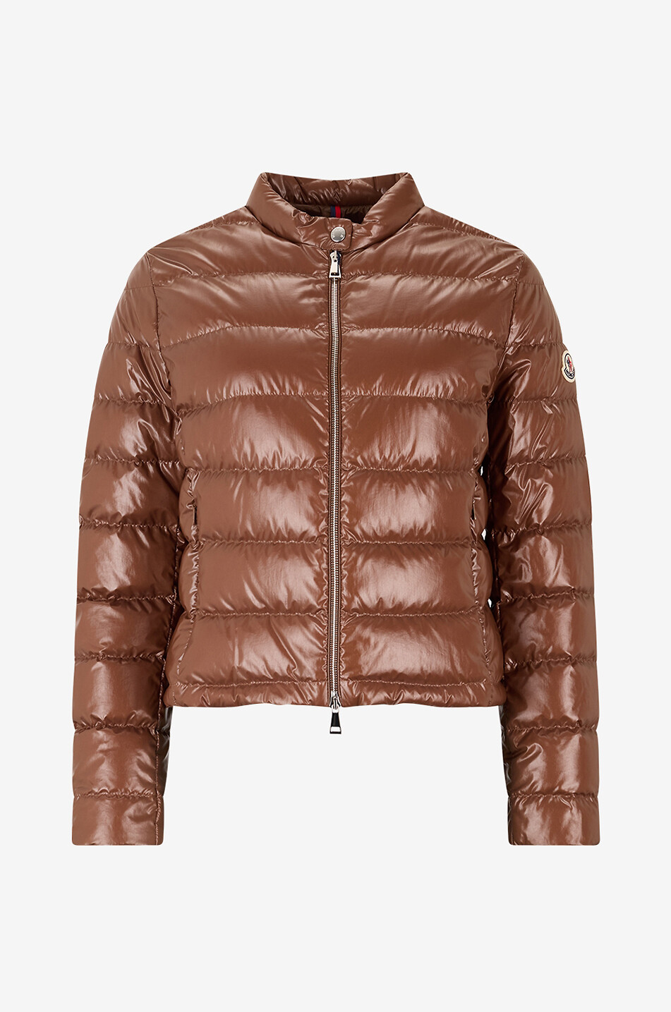 MONCLER Kurze leichte Daunenjacke mit Stehkragen aus glänzendem Nylon Papillon Damen MITTELBRAUN 1