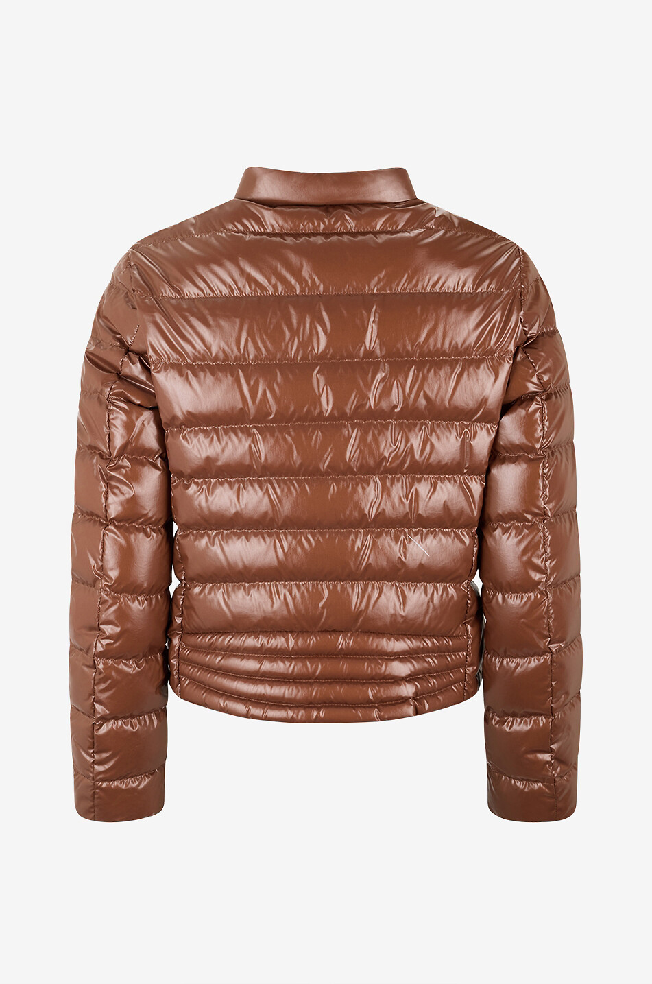 MONCLER Kurze leichte Daunenjacke mit Stehkragen aus glänzendem Nylon Papillon Damen MITTELBRAUN 2