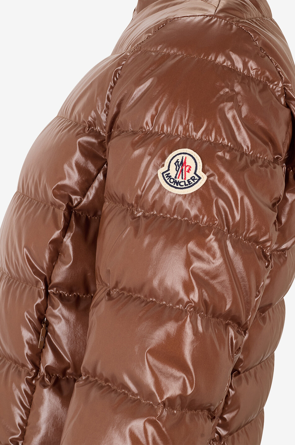 MONCLER Kurze leichte Daunenjacke mit Stehkragen aus glänzendem Nylon Papillon Damen MITTELBRAUN 3