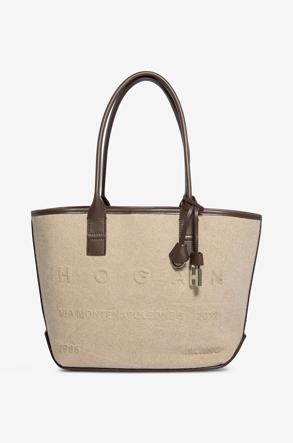 Hogan Address Small trapeze linen and leather tote bag