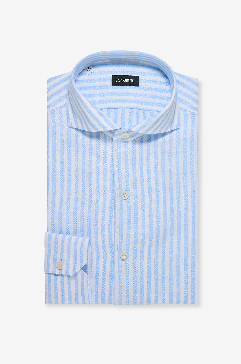 BONGENIE Striped linen Italian collar long-sleeve shirt Men LIGHT BLUE 1