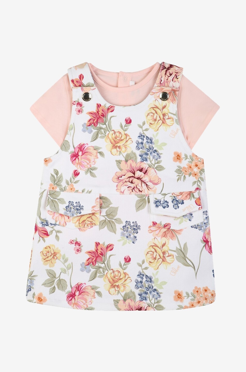 Ensemble bébé robe salopette fleurie et T-shirt