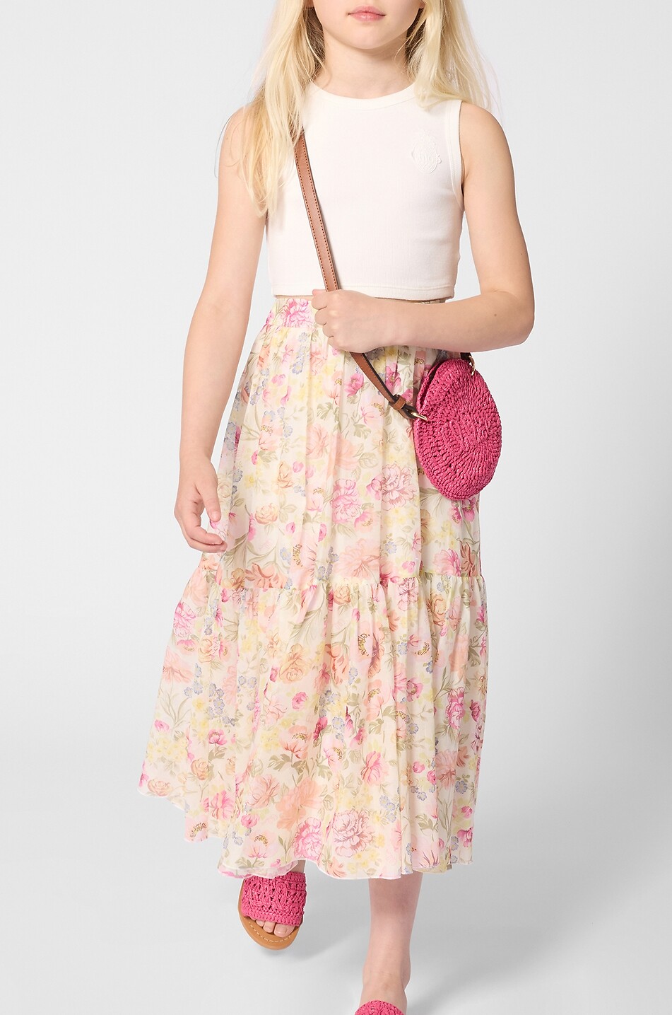 CHLOE Girls' tiered-flounced floral cotton maxi skirt Girl LIGHT PINK 4