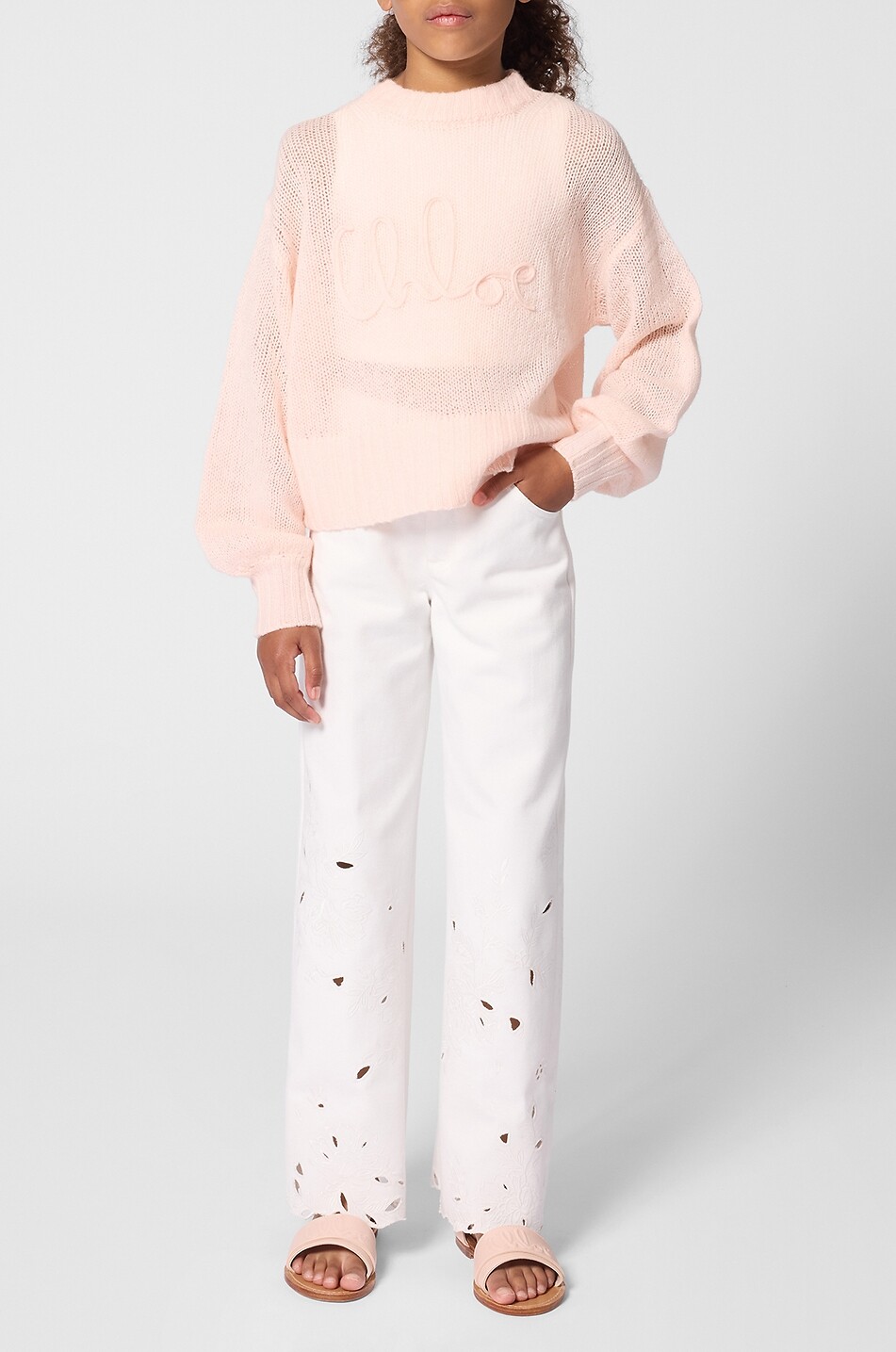 CHLOE Girls' cotton jeans with openwork embroidery Girl EGGSHELL 4