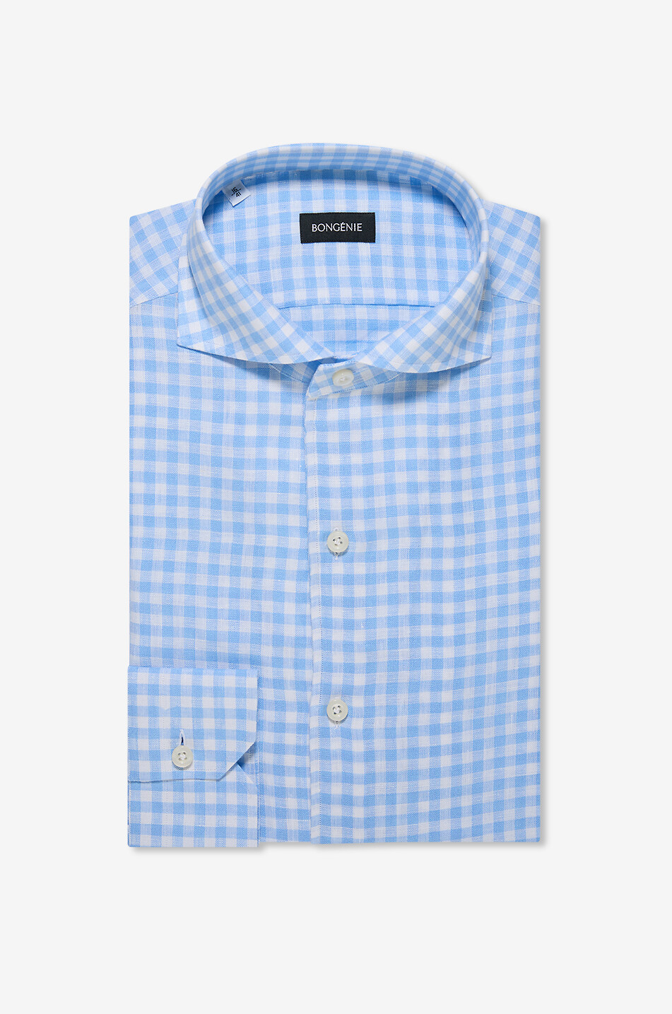 BONGENIE Gingham check linen shirt with Italian collar Men LIGHT BLUE 1