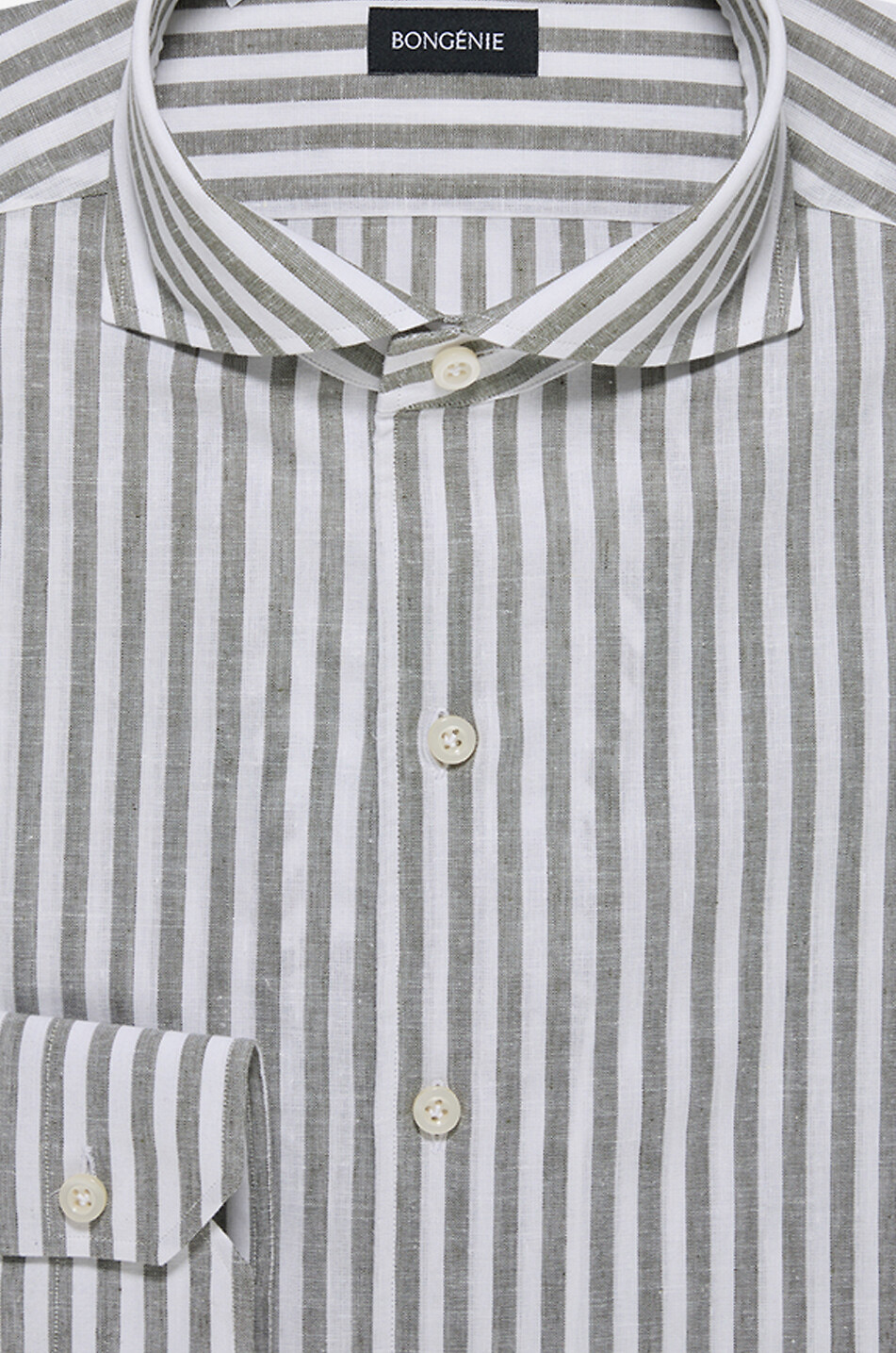 BONGENIE Striped linen and cotton Italian collar shirt Men MEDIUM GREEN 2