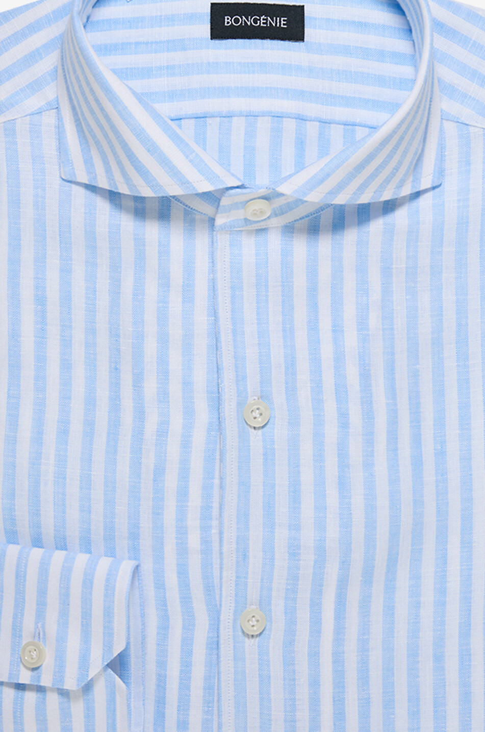 BONGENIE Striped linen Italian collar long-sleeve shirt Men LIGHT BLUE 2