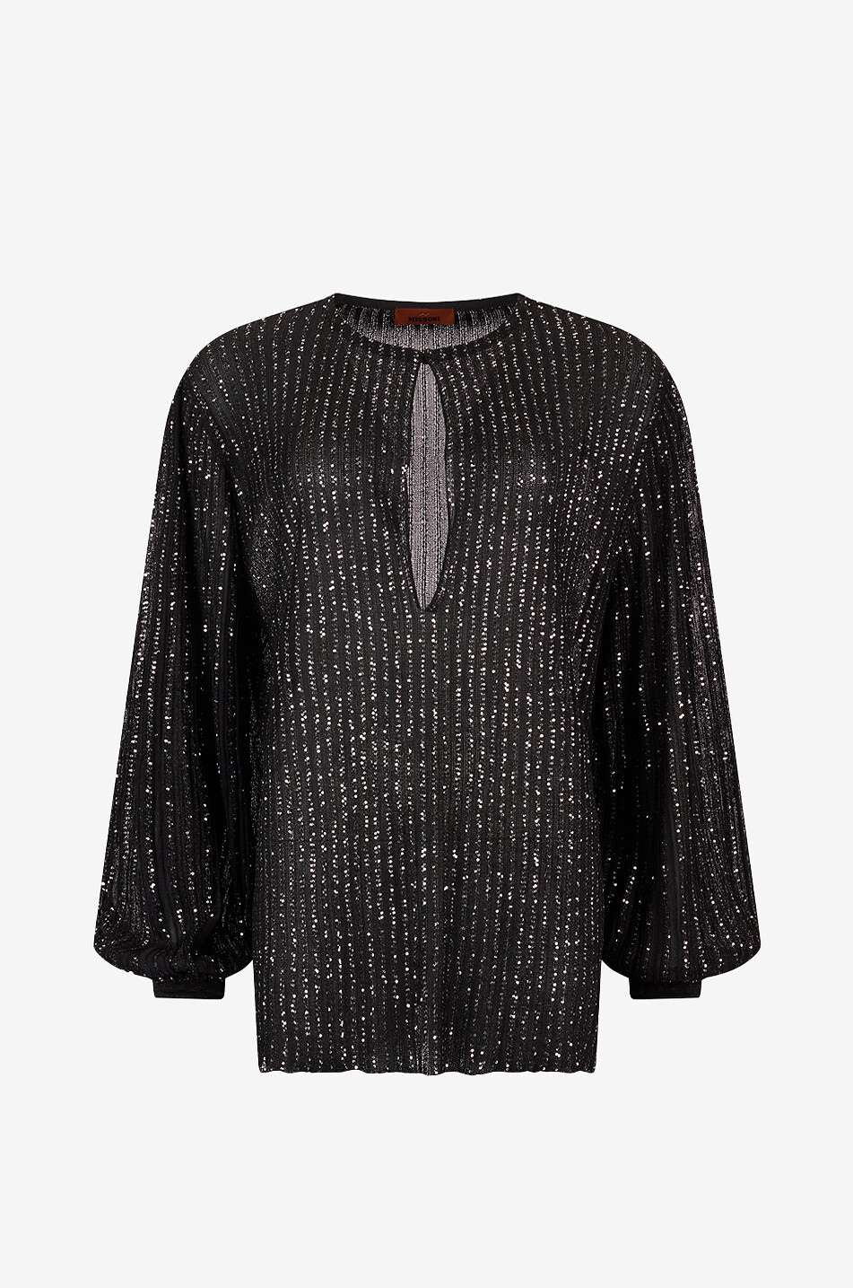 Slit Round-neck puffed-sleeve sequin-embellished blouse