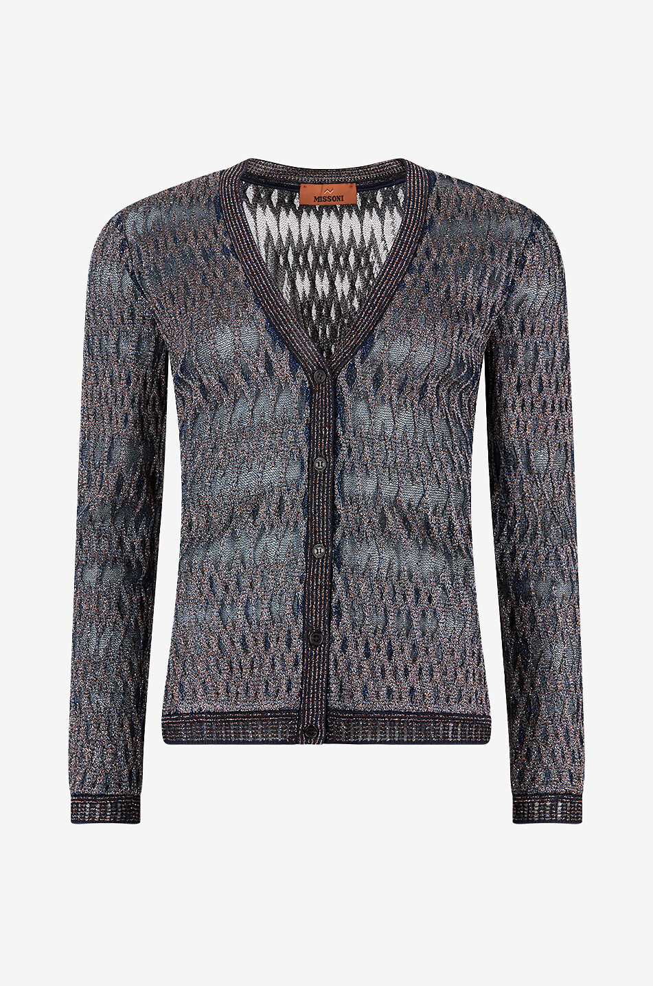 Button-down lurex jacquard cardigan with diamond pattern