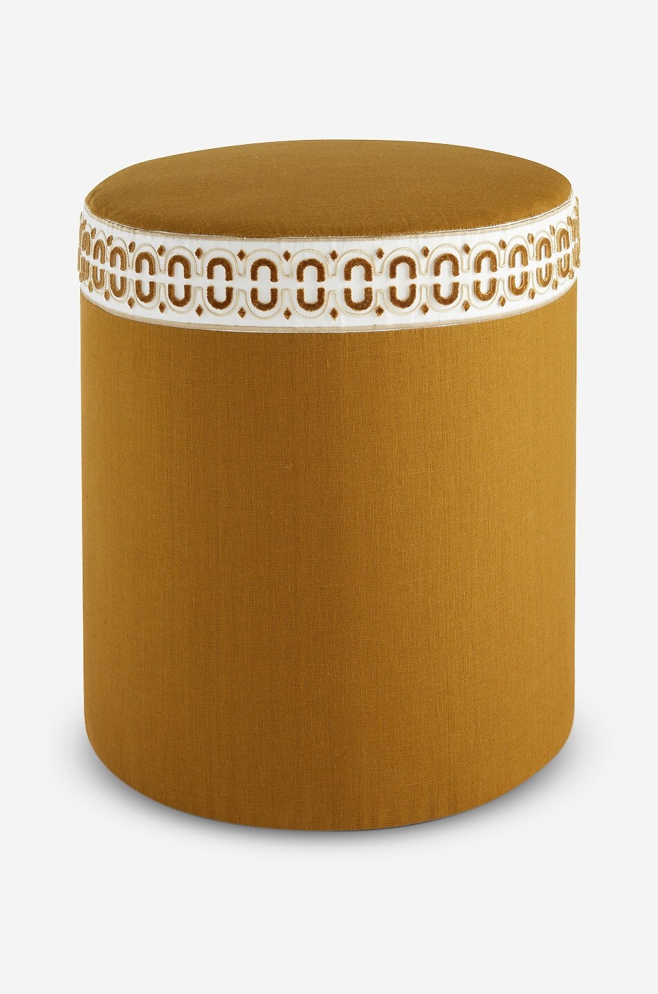 Maillon Bronze piped natural linen cylindrical pouffe