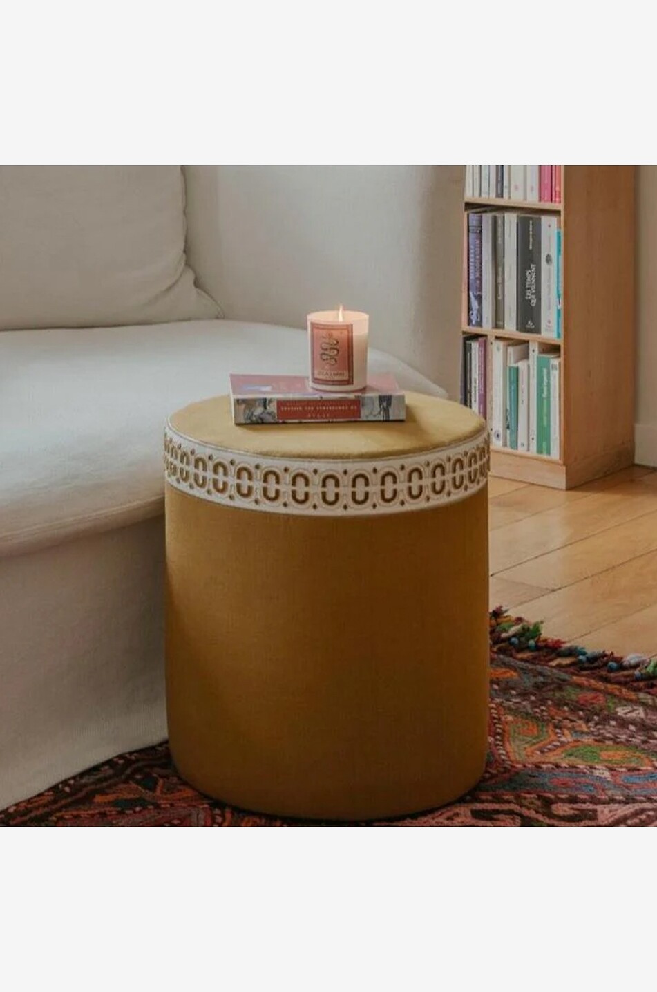 LA CASANO Maillon Bronze piped natural linen cylindrical pouffe Home CAMEL 2