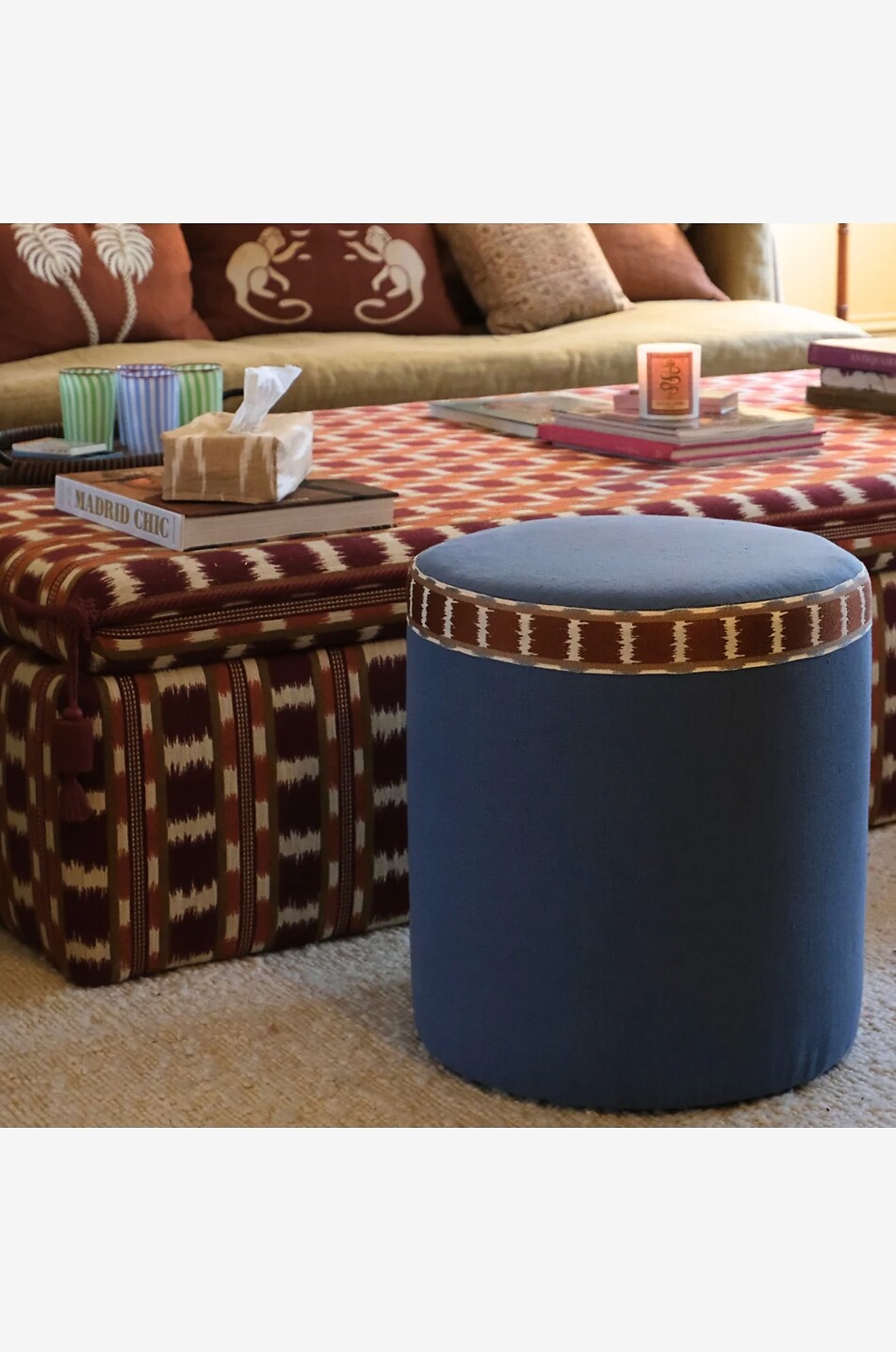 LA CASANO Pouf cylindrique en lin naturel gansé Colorado Ash Blue Maison BLEU 2