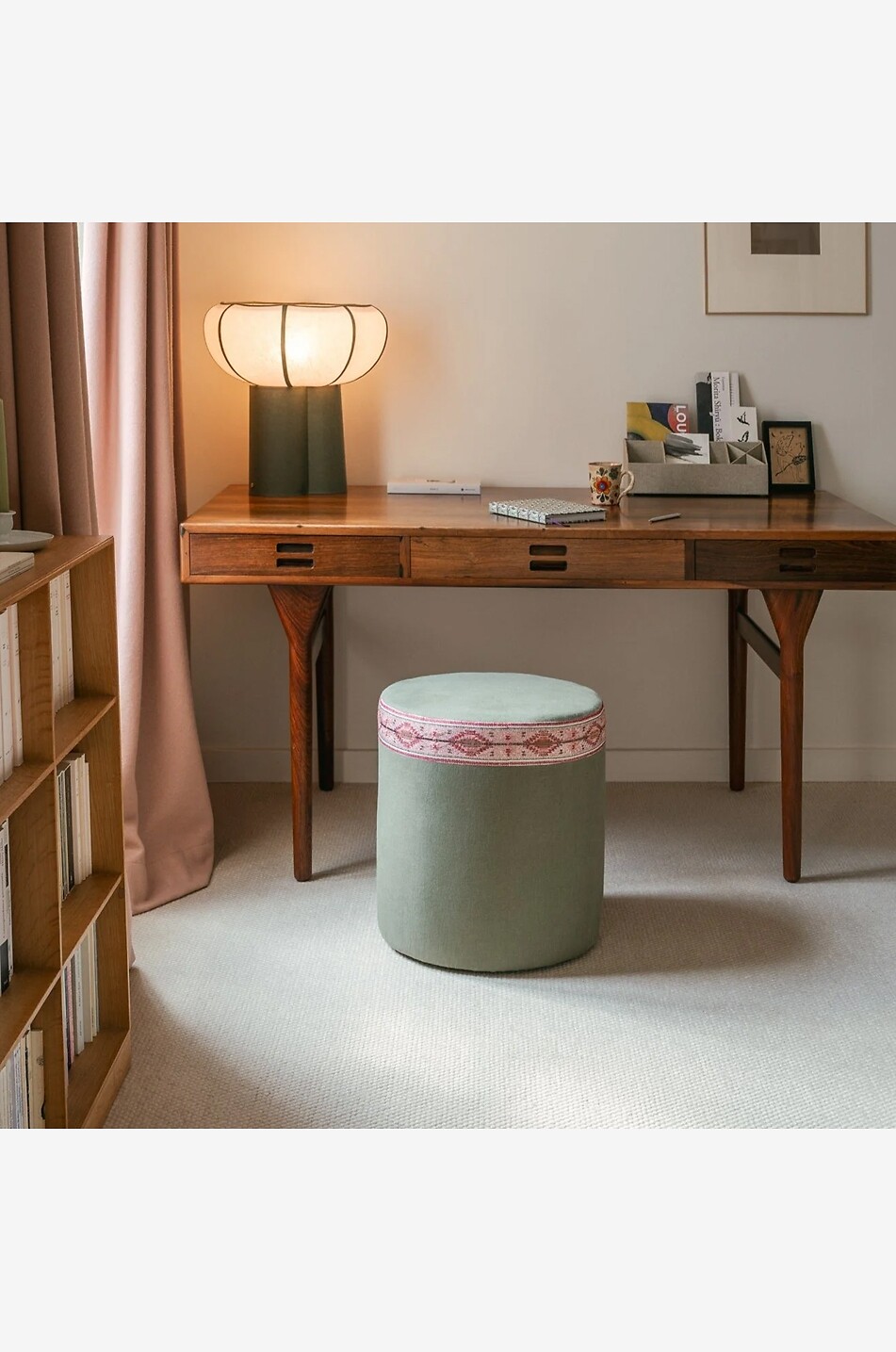 LA CASANO Cactus Pétale de Rose piped natural linen cylindrical pouffe Home DARK GREEN 2
