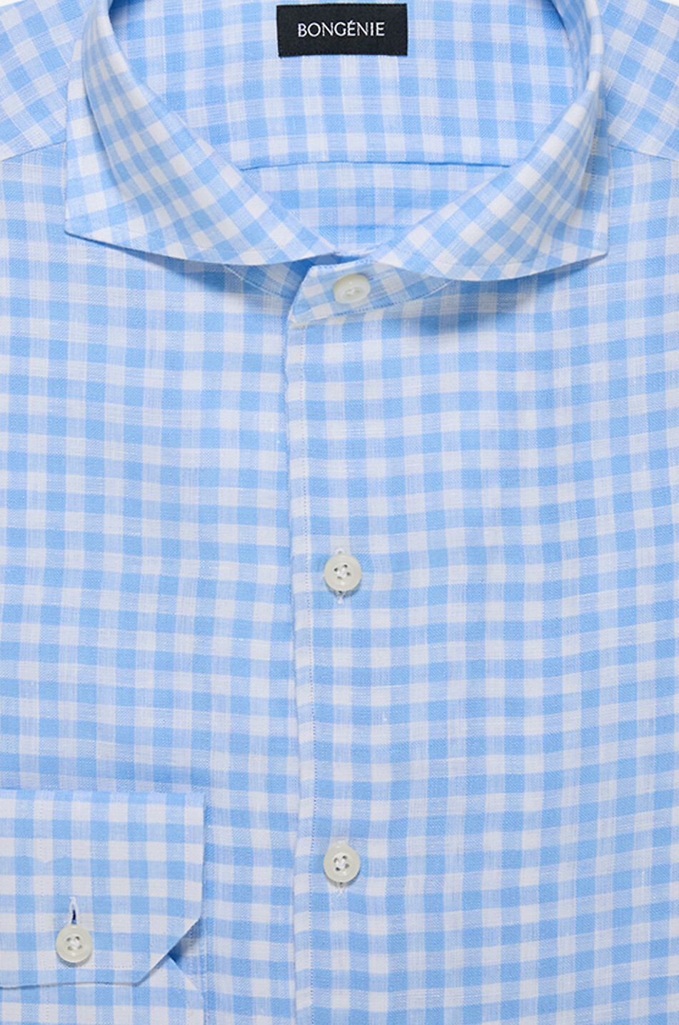 BONGENIE Gingham check linen shirt with Italian collar Men LIGHT BLUE 2