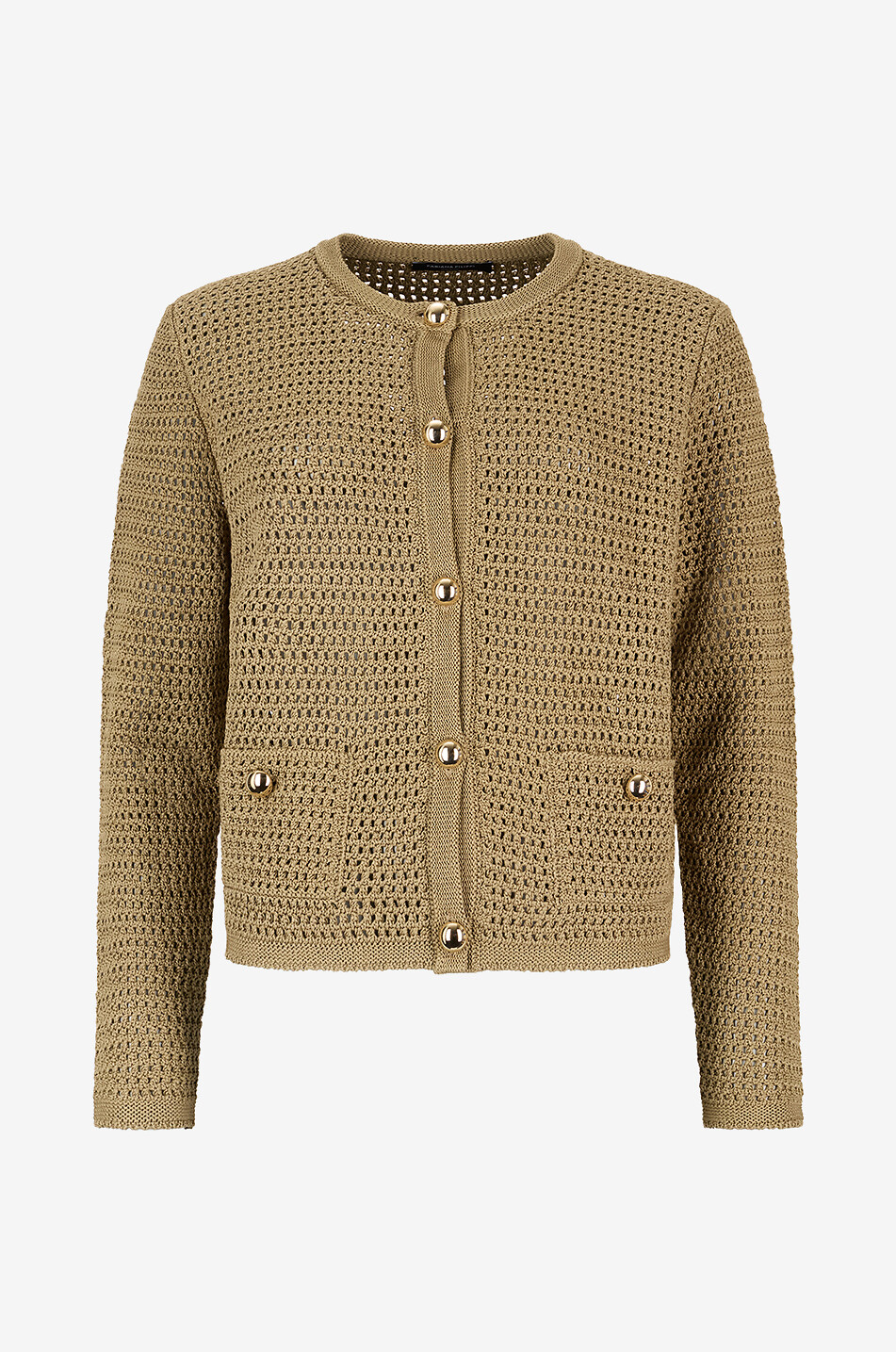 Cropped net knit cotton button-down cardigan