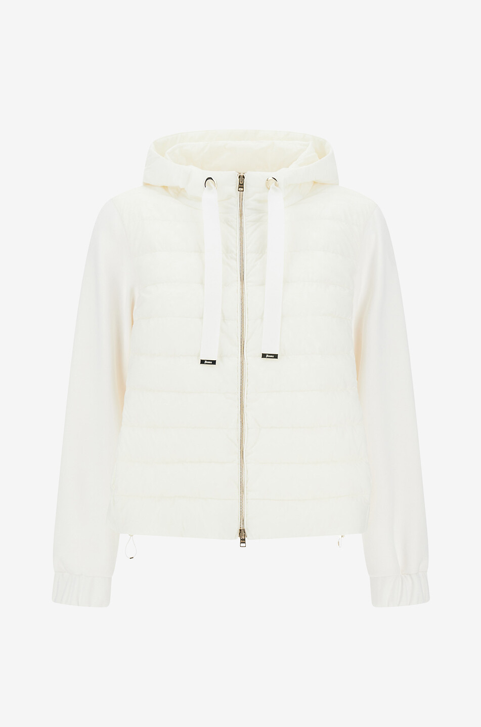 Hooded bi-material nylon and jersey down jacket