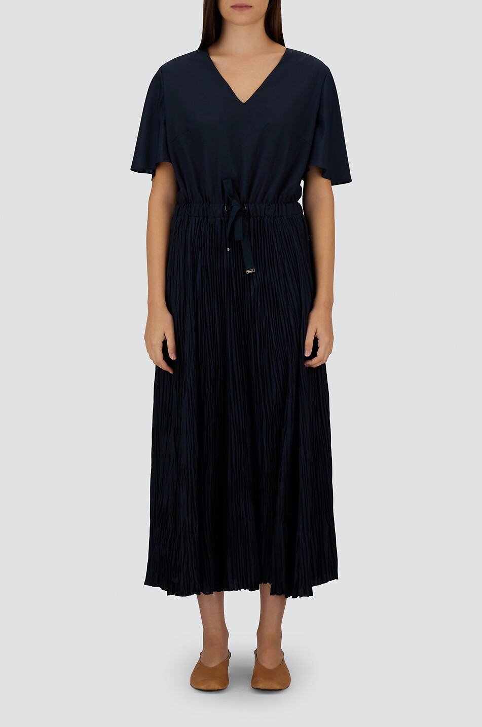 HERNO Flared V-neck crepe maxi dress Women DARK BLUE 3