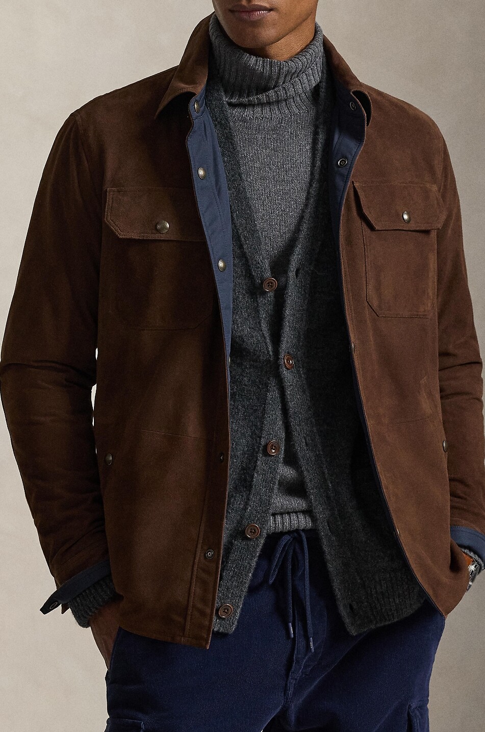 POLO RALPH LAUREN Reversible suede and taffeta shirt jacket Men DARK BROWN 4