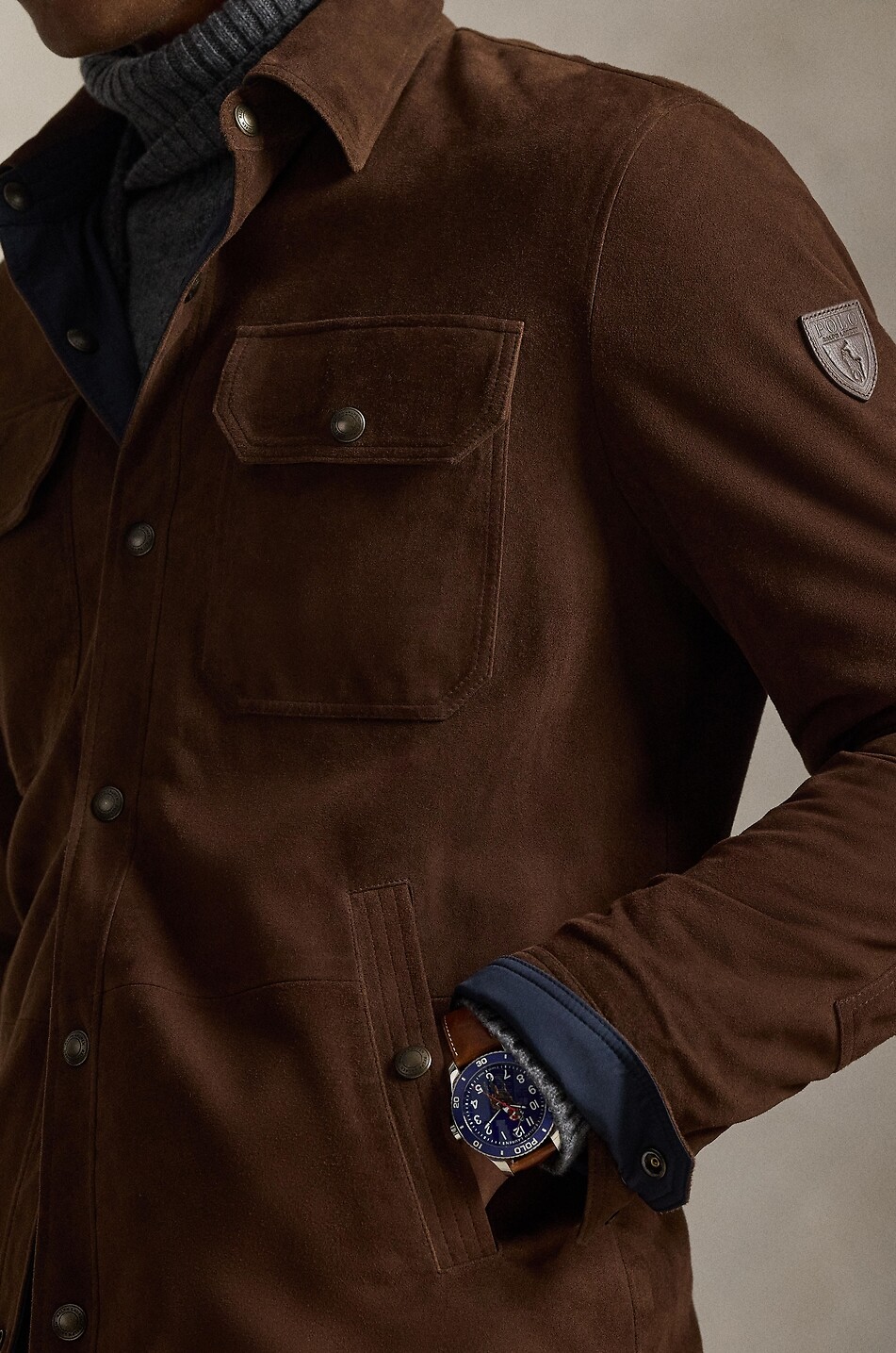 POLO RALPH LAUREN Reversible suede and taffeta shirt jacket Men DARK BROWN 6