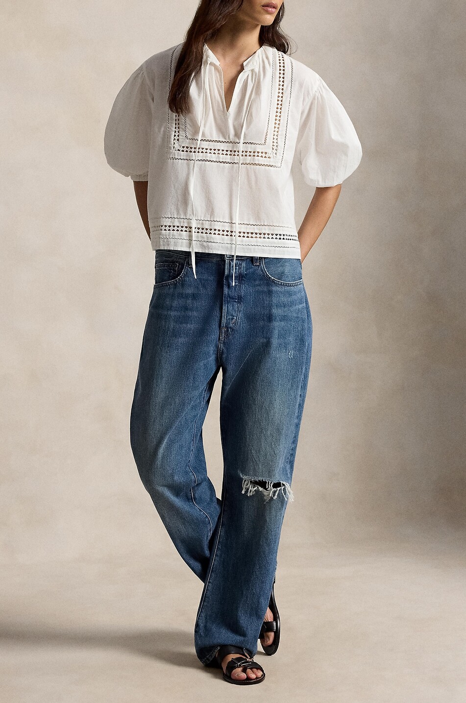 POLO RALPH LAUREN Puff-sleeved cotton blouse with lace trim Women WHITE 2