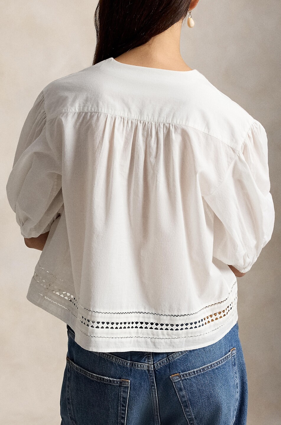 POLO RALPH LAUREN Puff-sleeved cotton blouse with lace trim Women WHITE 3